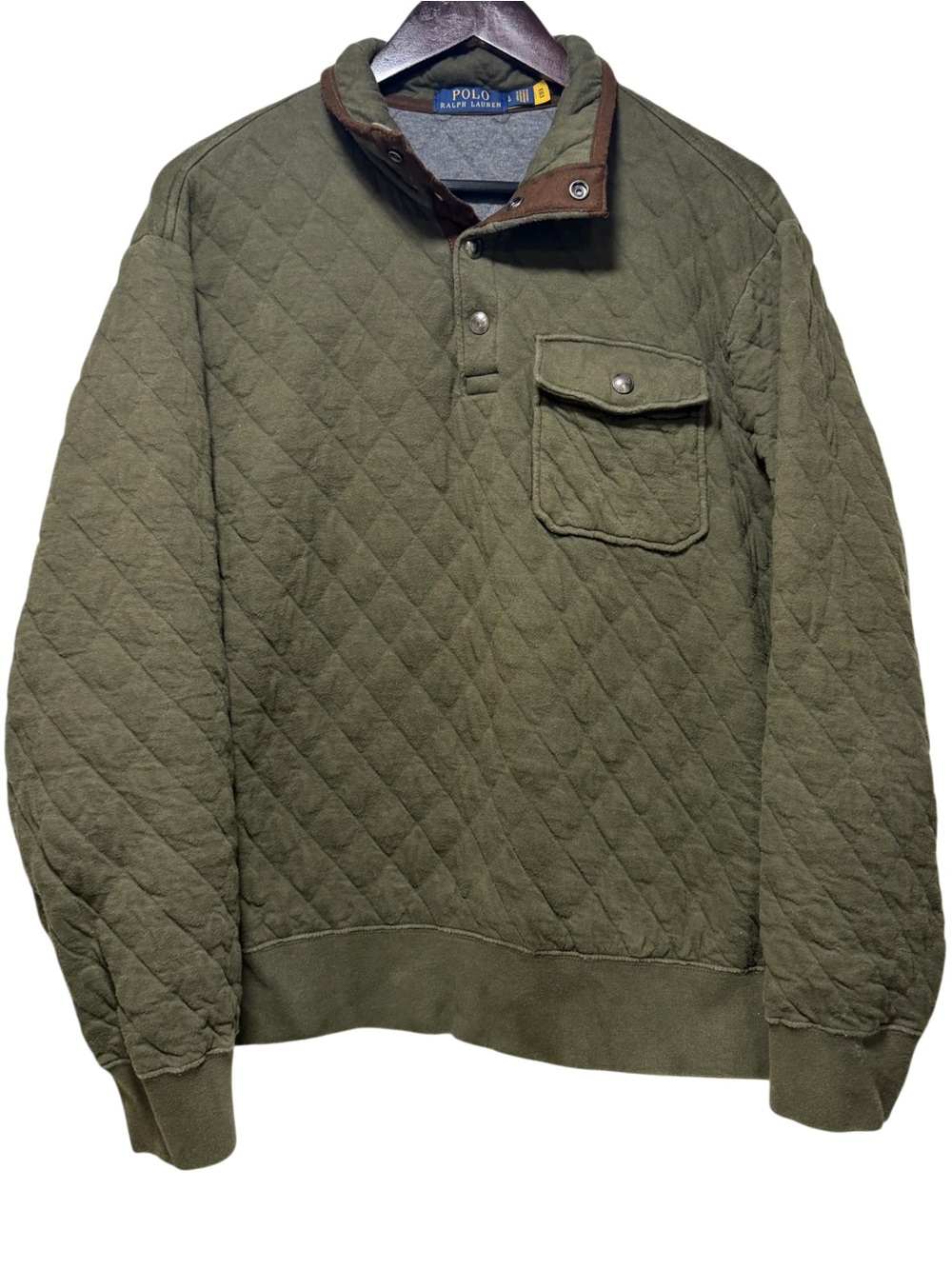 Polo Ralph Lauren Quilted Luxury Jersey Pullover Mens L Olive Green Snap Pony